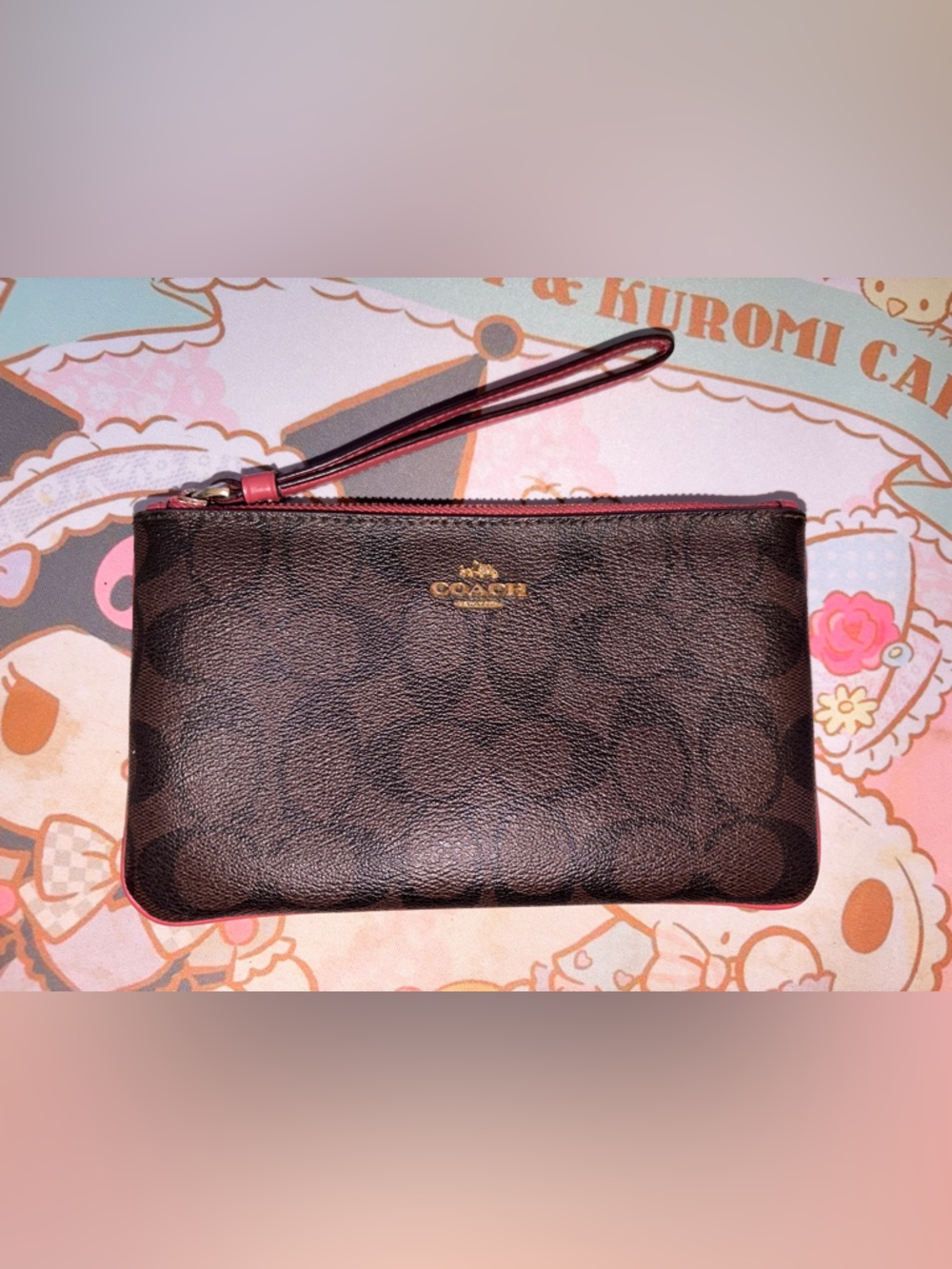 Coach Brown Signature Wristlet with Pink Trim